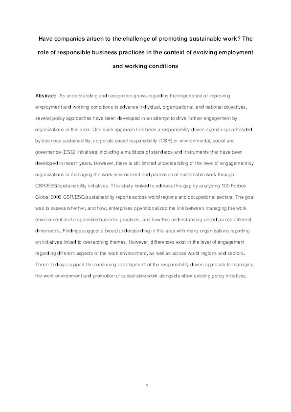 Have companies arisen to the challenge of promoting sustainable work? The role of responsible business practices in the context of evolving employment and working conditions Thumbnail