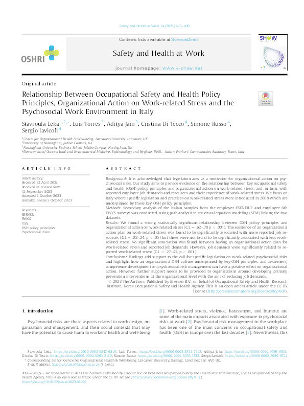 Relationship Between Occupational Safety and Health Policy Principles, Organizational Action on Work-related Stress and the Psychosocial Work Environment in Italy Thumbnail