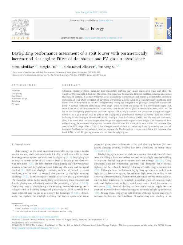 Daylighting performance assessment of a split louver with parametrically incremental slat angles: Effect of slat shapes and PV glass transmittance Thumbnail