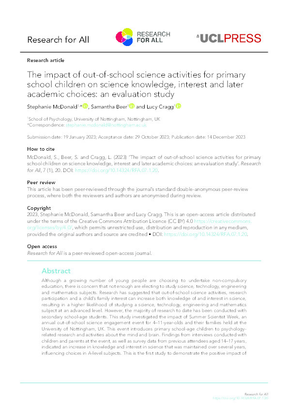 The impact of out-of-school science activities for primary school children on science knowledge, interest and later academic choices: an evaluation study Thumbnail