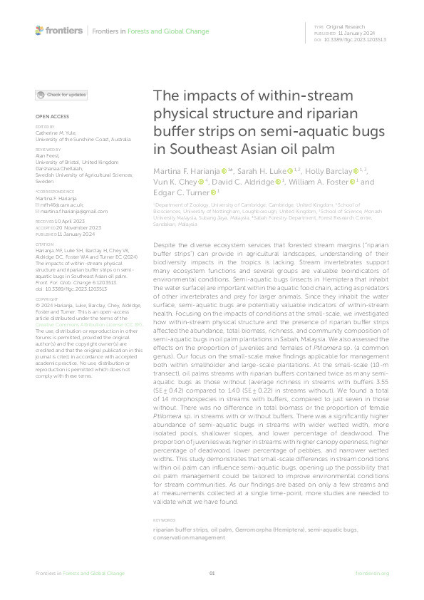 The impacts of within-stream physical structure and riparian buffer strips on semi-aquatic bugs in Southeast Asian oil palm Thumbnail