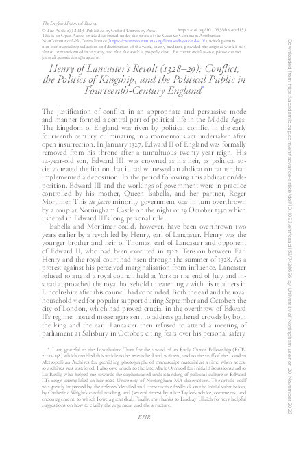 Henry of Lancaster’s Revolt (1328–29): Conflict, the Politics of Kingship, and the Political Public in Fourteenth-Century England Thumbnail
