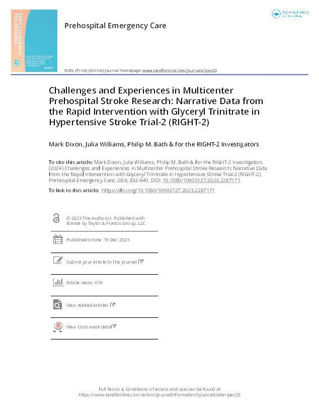 Challenges and Experiences in Multicenter Prehospital Stroke Research: Narrative Data from the Rapid Intervention with Glyceryl Trinitrate in Hypertensive Stroke Trial-2 (RIGHT-2) Thumbnail