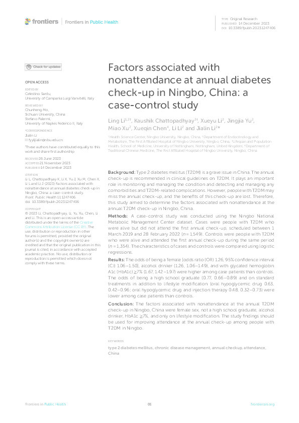 Factors associated with nonattendance at annual diabetes check-up in Ningbo, China: a case-control study Thumbnail