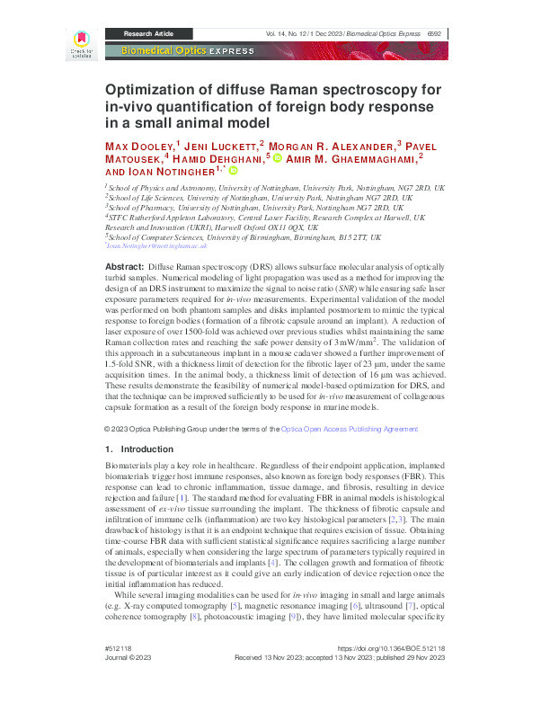 Optimisation of diffuse Raman spectroscopy for in-vivo quantification of foreign body response in small animal model Thumbnail