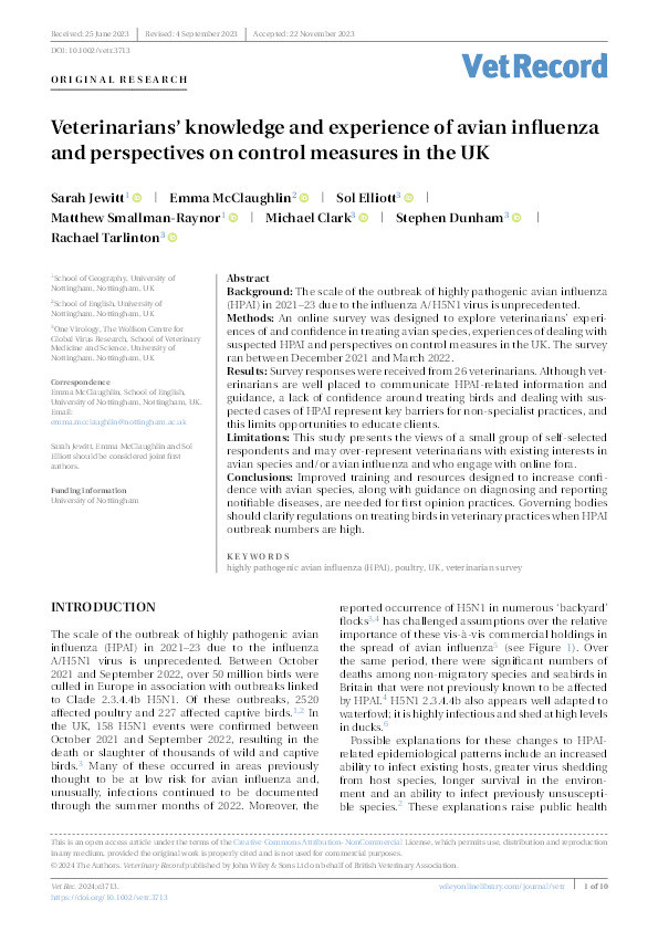 Veterinarians' knowledge and experience of avian influenza and perspectives on control measures in the United Kingdom Thumbnail