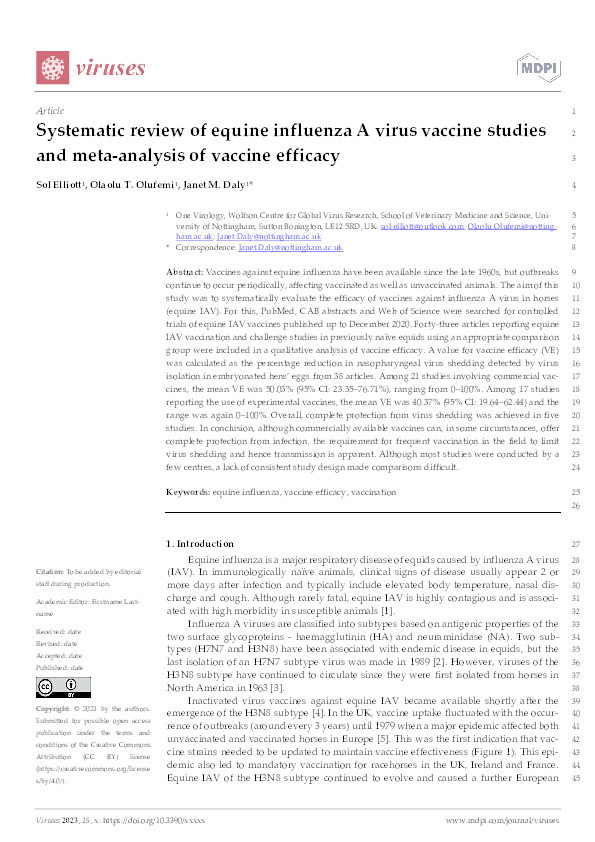 Systematic Review of Equine Influenza A Virus Vaccine Studies and Meta-Analysis of Vaccine Efficacy Thumbnail