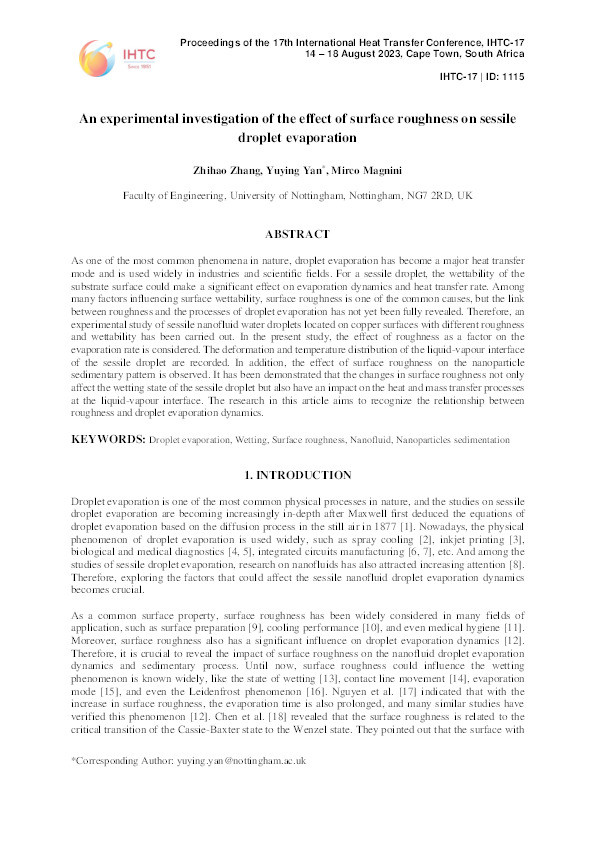 An experimental investigation of the effect of surface roughness on sessile droplet evaporation Thumbnail