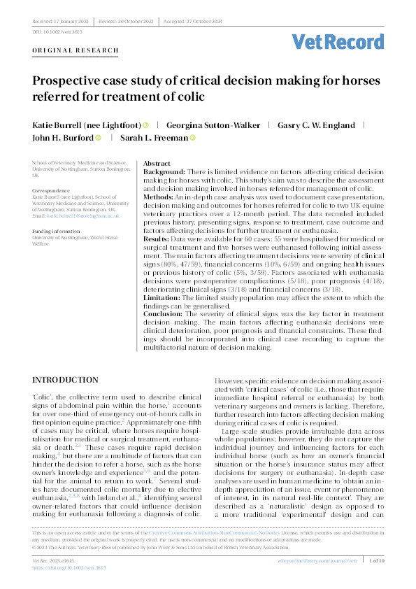 Prospective case study of critical decision making for horses referred for treatment of colic Thumbnail