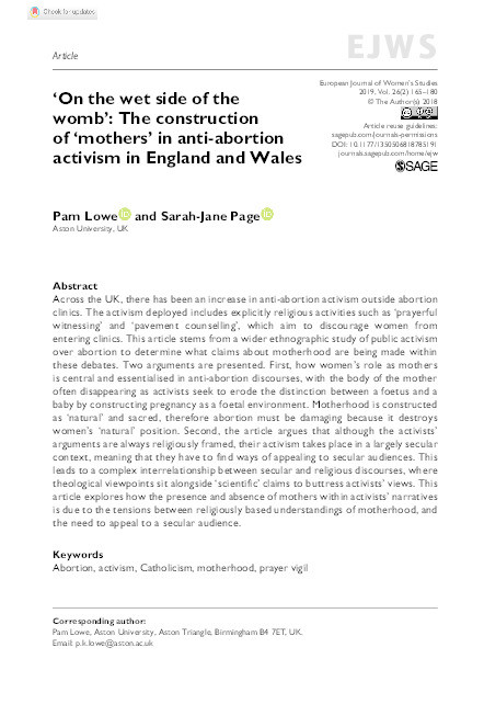 ‘On the wet side of the womb’: The construction of ‘mothers’ in anti-abortion activism in England and Wales Thumbnail