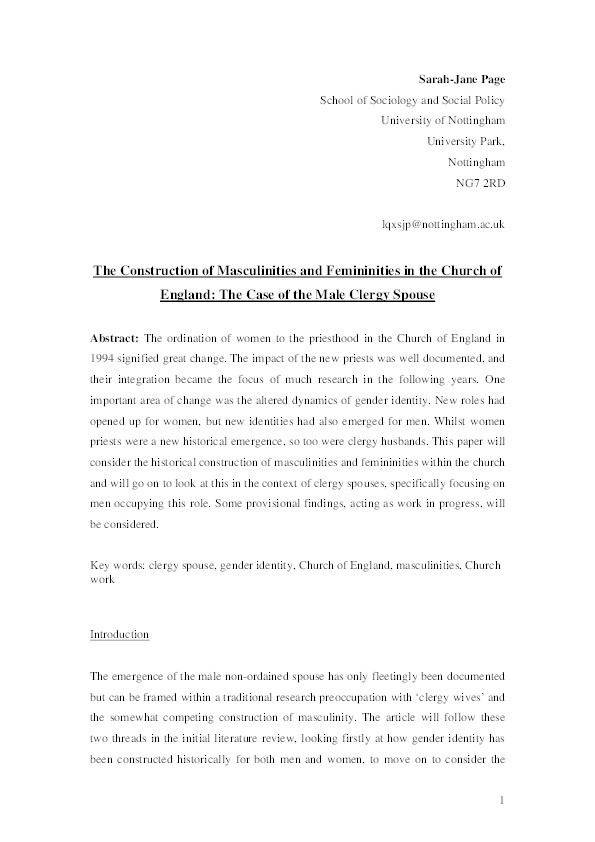 The Construction of Masculinities and Femininities in the Church of England: The Case of the Male Clergy Spouse Thumbnail