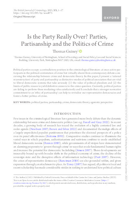 Is the Party Really Over? Parties, Partisanship and the Politics of Crime Thumbnail
