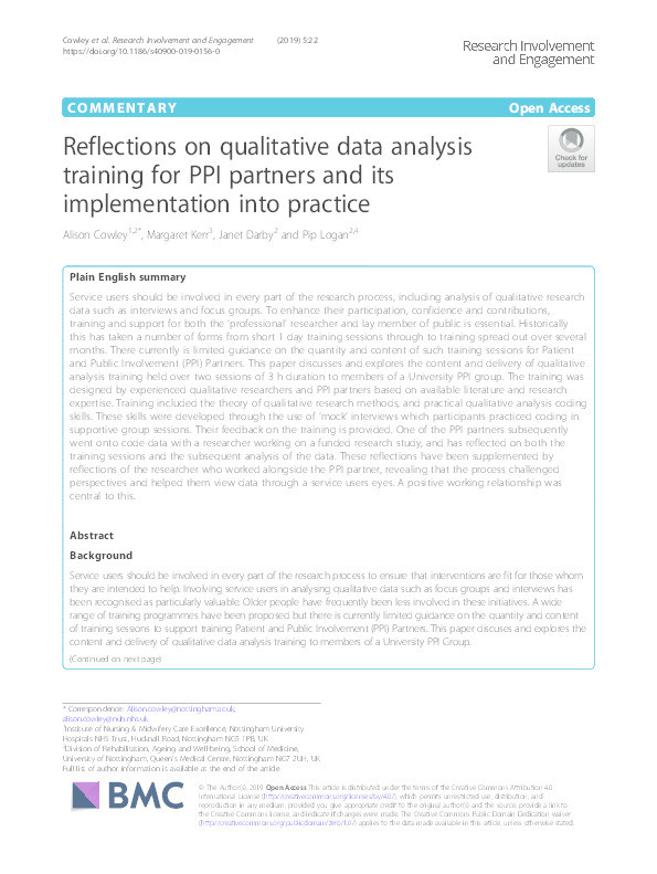 Reflections on qualitative data analysis training for PPI partners and its implementation into practice Thumbnail