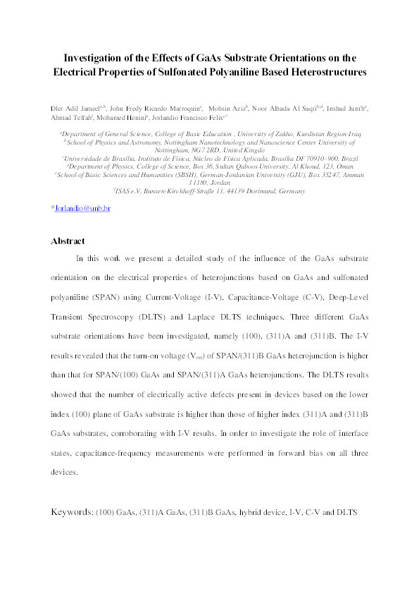 Investigation of the effects of GaAs substrate orientations on the electrical properties of sulfonated polyaniline based heterostructures Thumbnail