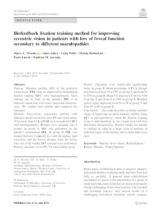 Biofeedback fixation training method for improving eccentric vision in patients with loss of foveal function secondary to different maculopathies Thumbnail