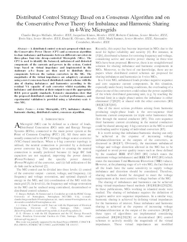 Distributed Control Strategy Based on a Consensus Algorithm and on the Conservative Power Theory for Imbalance and Harmonic Sharing in 4-Wire Microgrids Thumbnail