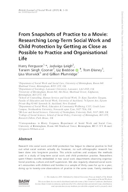 From snapshots of practice to a movie: Researching long-term social work and child protection by getting as close as possible to practice and organisational life Thumbnail