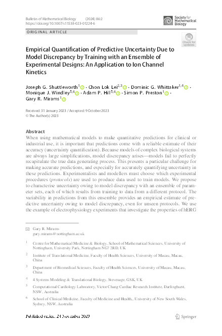 Empirical Quantification of Predictive Uncertainty Due to Model Discrepancy by Training with an Ensemble of Experimental Designs: An Application to Ion Channel Kinetics Thumbnail