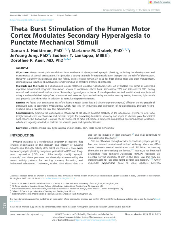 Theta Burst Stimulation of the Human Motor Cortex Modulates Secondary Hyperalgesia to Punctate Mechanical Stimuli Thumbnail