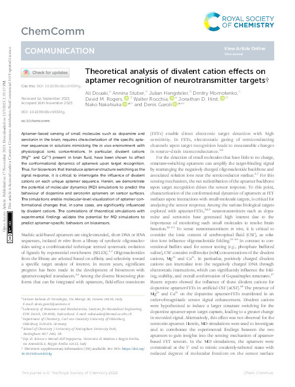 Theoretical analysis of divalent cation effects on aptamer recognition of neurotransmitter targets Thumbnail