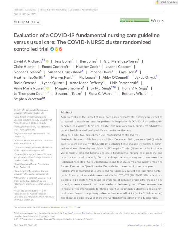 Evaluation of a COVID‐19 fundamental nursing care guideline versus usual care: The COVID‐NURSE cluster randomized controlled trial Thumbnail