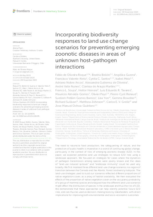 Incorporating biodiversity responses to land use change scenarios for preventing emerging zoonotic diseases in areas of unknown host-pathogen interactions Thumbnail