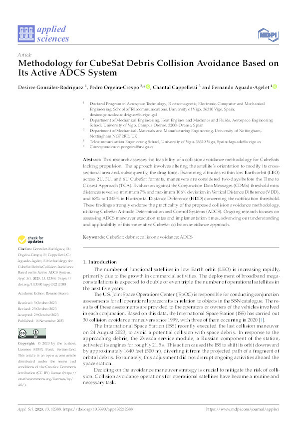 Methodology for CubeSat Debris Collision Avoidance Based on Its Active ADCS System Thumbnail