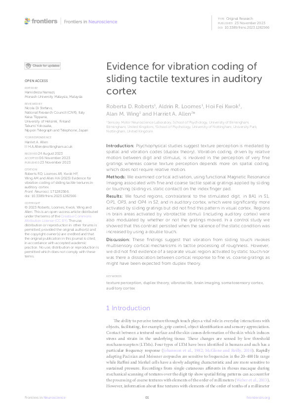 Evidence for vibration coding of sliding tactile textures in auditory cortex Thumbnail