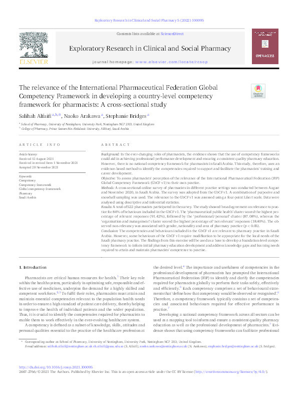 The relevance of the International Pharmaceutical Federation Global Competency Framework in developing a country-level competency framework for pharmacists: A cross-sectional study Thumbnail