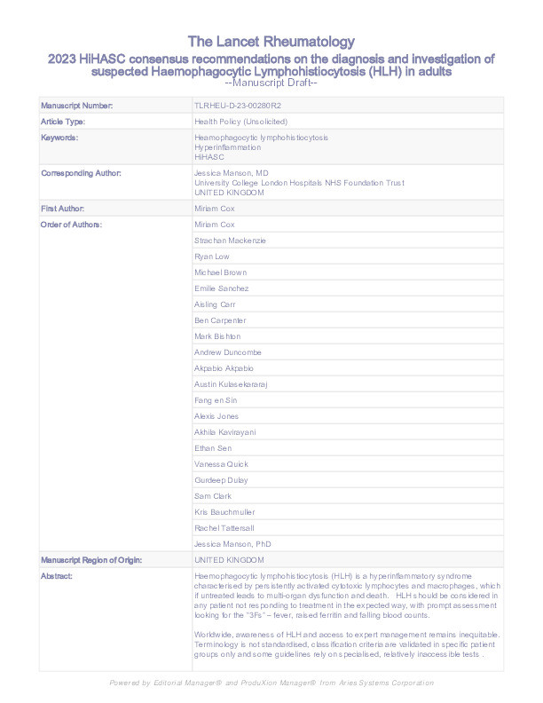 Diagnosis and investigation of suspected haemophagocytic lymphohistiocytosis in adults: 2023 Hyperinflammation and HLH Across Speciality Collaboration (HiHASC) consensus guideline Thumbnail