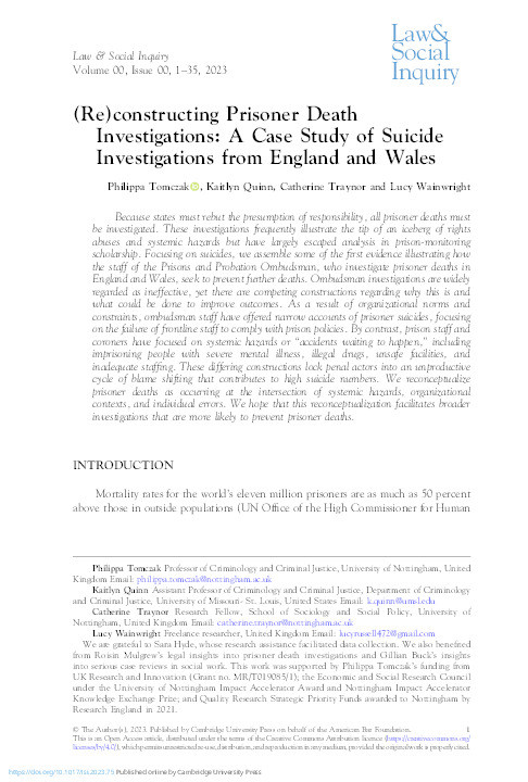 (Re)constructing Prisoner Death Investigations: A Case Study of Suicide Investigations from England and Wales Thumbnail