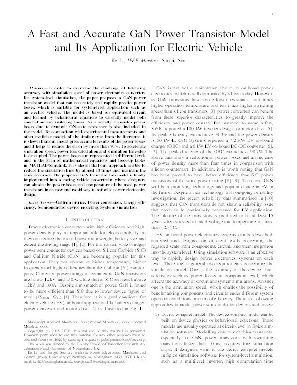 A Fast and Accurate GaN Power Transistor Model and Its Application for Electric Vehicle Thumbnail