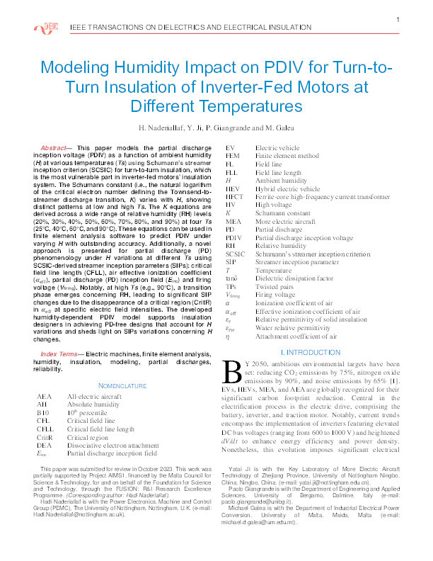 Modeling Humidity Impact on PDIV for Turn-to-Turn Insulation of Inverter-Fed Motors at Different Temperatures Thumbnail