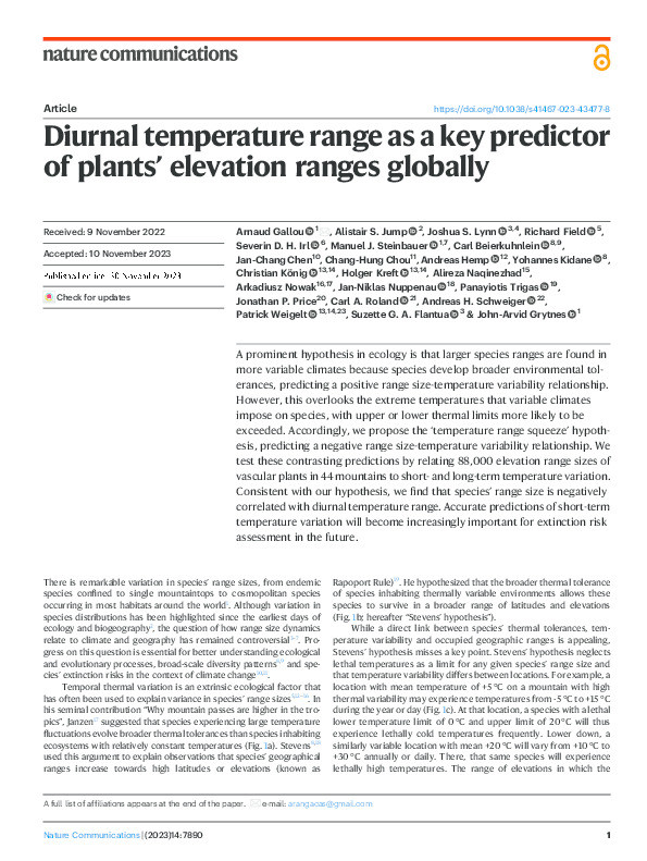 Diurnal temperature range as a key predictor of plants’ elevation ranges globally Thumbnail