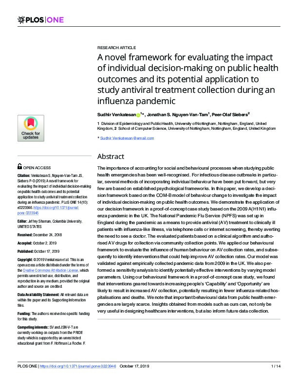 A novel framework for evaluating the impact of individual decision-making on public health outcomes and its potential application to study antiviral treatment collection during an influenza pandemic Thumbnail