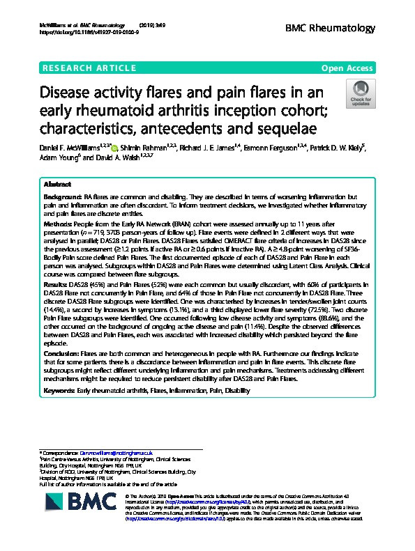 Disease Activity Flares and Pain Flares in an early rheumatoid arthritis inception cohort; characteristics, antecedents and sequelae Thumbnail
