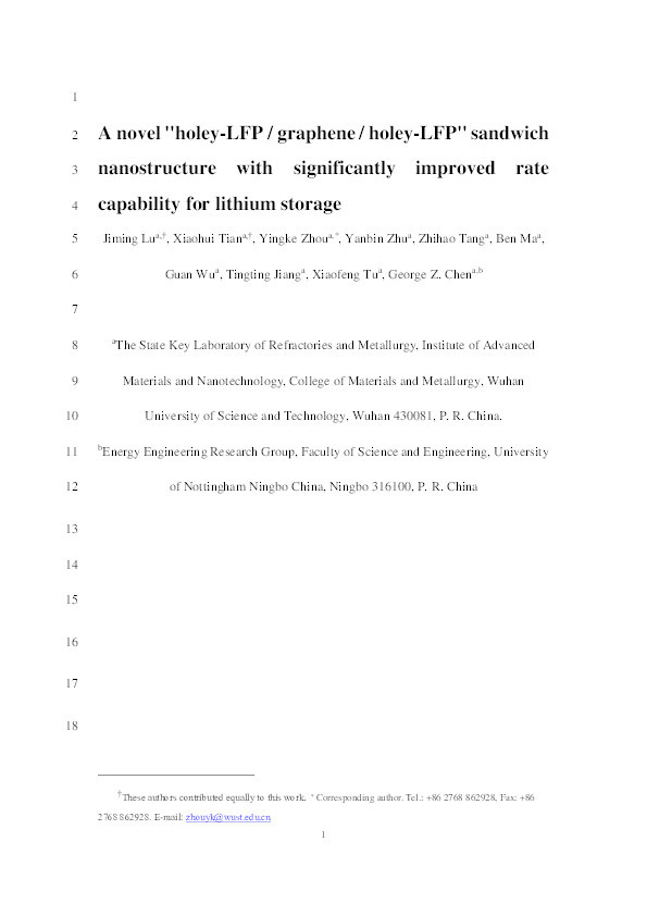 A novel “holey-LFP / graphene / holey-LFP” sandwich nanostructure with significantly improved rate capability for lithium storage Thumbnail