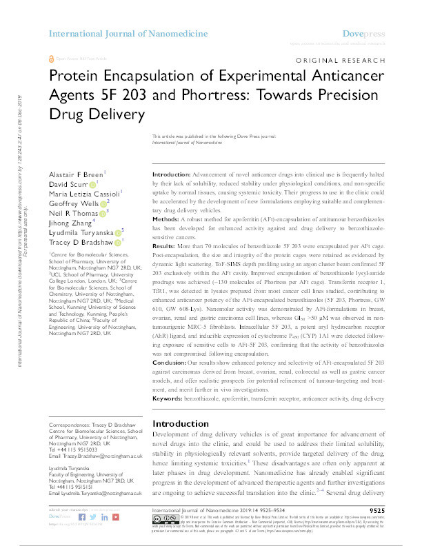 Protein Encapsulation of Experimental Anticancer Agents 5F 203 and Phortress: Towards Precision Drug Delivery Thumbnail