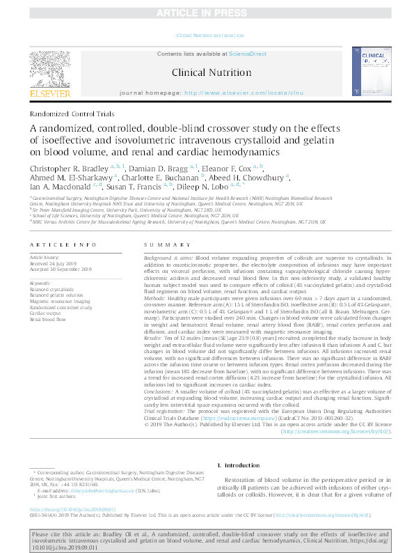 A randomized, controlled, double-blind crossover study on the effects of isoeffective and isovolumetric intravenous crystalloid and gelatin on blood volume, and renal and cardiac hemodynamics Thumbnail