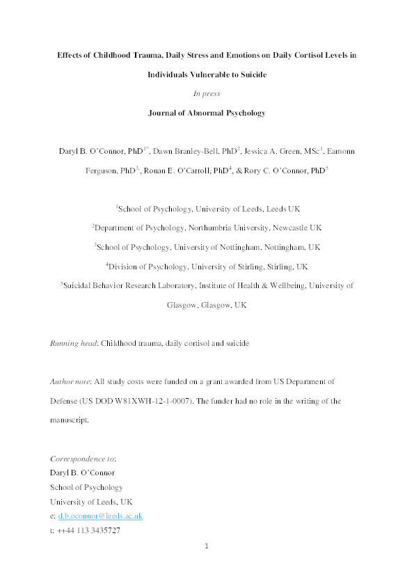 Effects of childhood trauma, daily stress, and emotions on daily cortisol levels in individuals vulnerable to suicide. Thumbnail