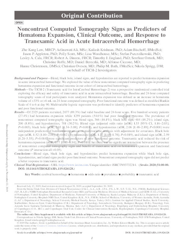 Noncontrast Computed Tomography Signs as Predictors of Hematoma Expansion, Clinical Outcome and Response to Tranexamic Acid in Acute Intracerebral Hemorrhage Thumbnail