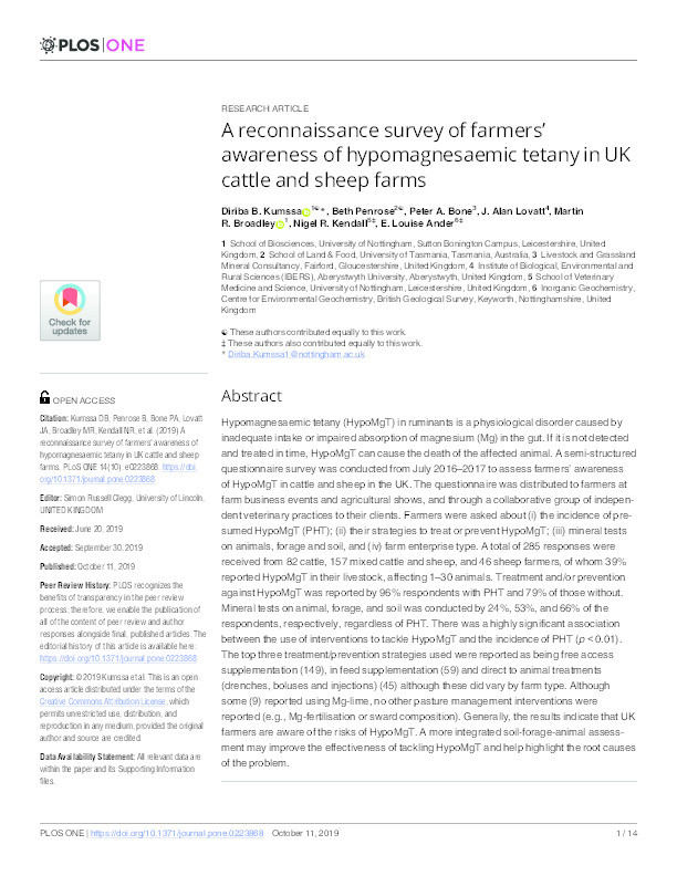 A reconnaissance survey of farmers’ awareness of hypomagnesaemic tetany in UK cattle and sheep farms Thumbnail