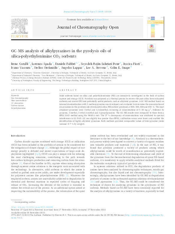 GC-MS analysis of alkylpyrazines in the pyrolysis oils of silica-polyethylenimine CO2 sorbents Thumbnail