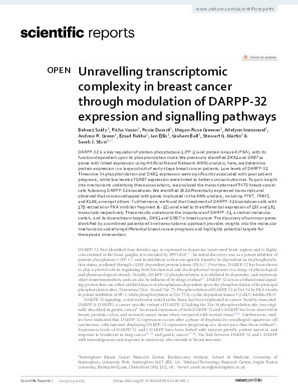 Unravelling transcriptomic complexity in breast cancer through modulation of DARPP-32 expression and signalling pathways Thumbnail