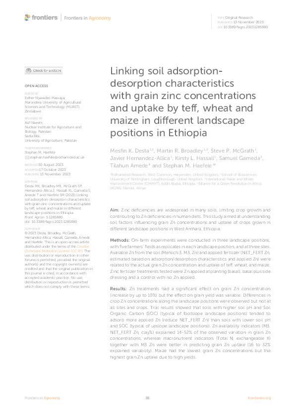 Linking soil adsorption-desorption characteristics with grain zinc concentrations and uptake by teff, wheat and maize in different landscape positions in Ethiopia Thumbnail