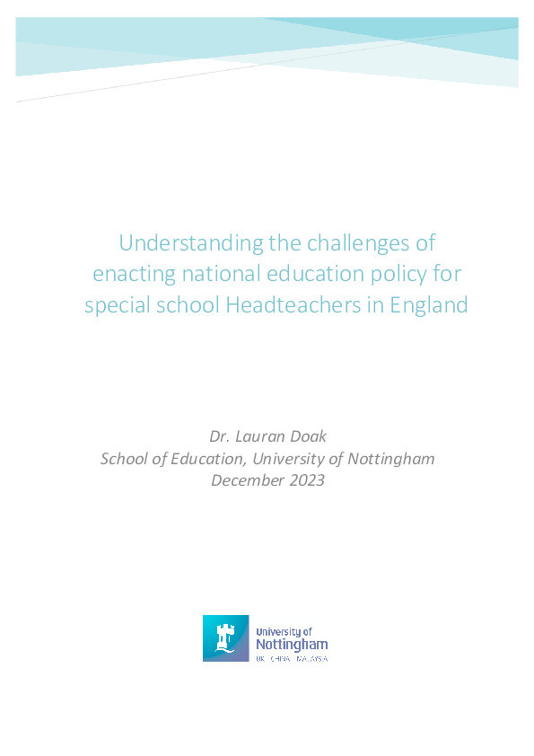 Understanding the challenges of enacting national education policy for special school Headteachers in England Thumbnail