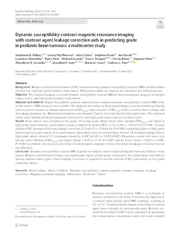 Dynamic susceptibility-contrast magnetic resonance imaging with contrast agent leakage correction aids in predicting grade in pediatric brain tumours: a multicenter study Thumbnail