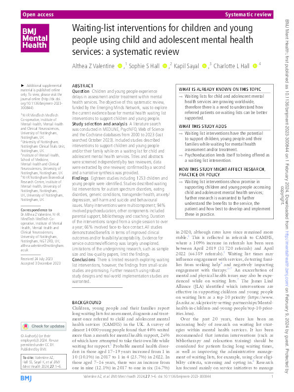 Waiting-list interventions for children and young people using child and adolescent mental health services: a systematic review Thumbnail