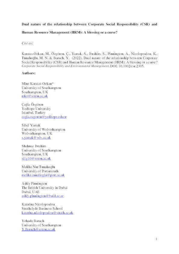 Dual nature of the relationship between corporate social responsibility and human resource management: A blessing or a curse? Thumbnail