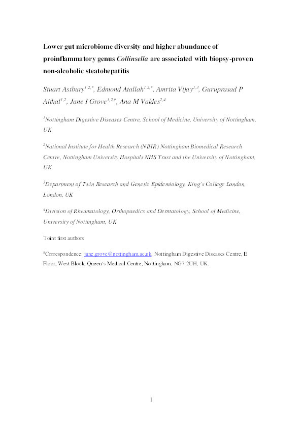 Lower gut microbiome diversity and higher abundance of proinflammatory genus Collinsella are associated with biopsy-proven non-alcoholic steatohepatitis Thumbnail